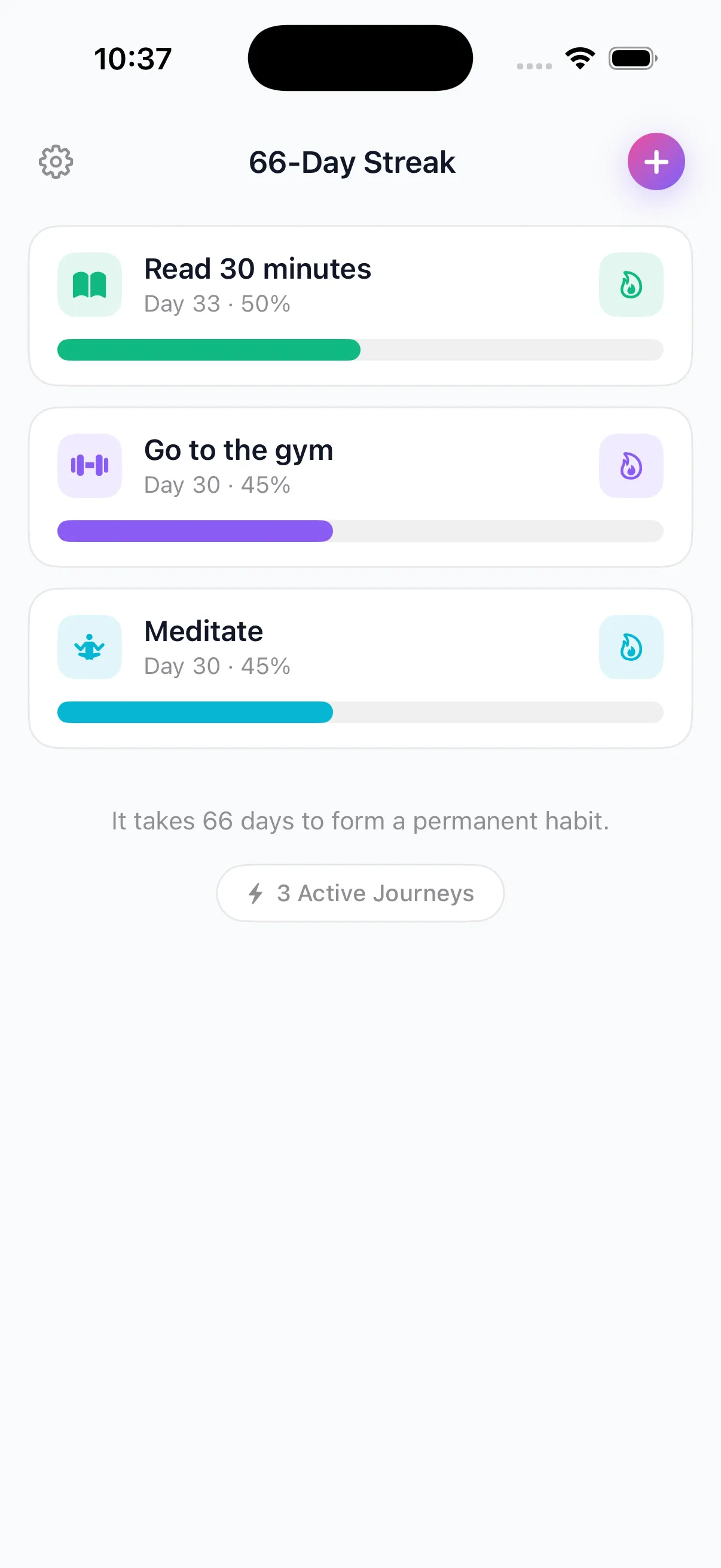 66 Streaks iPhone app screenshot showing the streak counter progress bar view with daily check-in button, current day count, and habit name on iOS 17