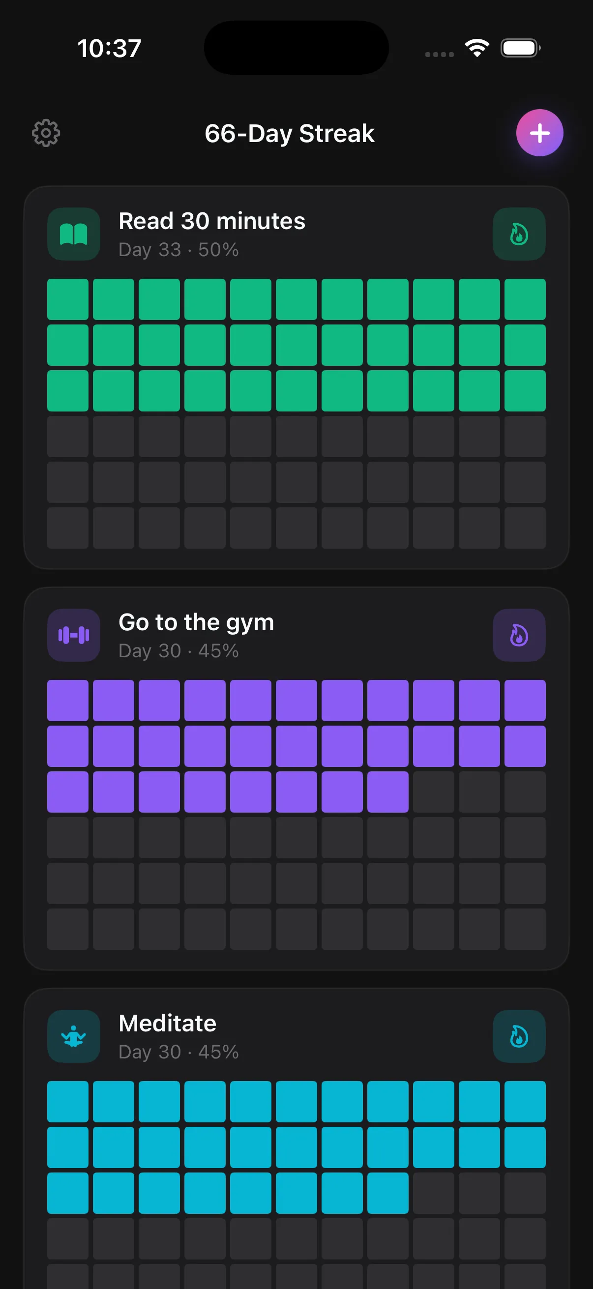 66 Streaks iPhone app screenshot showing the 66-day visual progress grid with completed days highlighted, inspired by GitHub contribution graphs